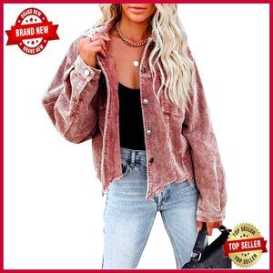 Cropped Corduroy Jacket Oversized Shacket Fringe Hem Button Down Casual